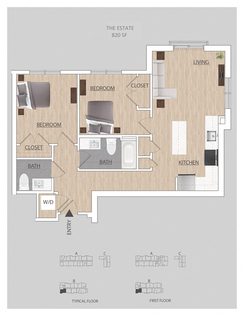 Floor plan for 2 beds, 2 baths, 913 sqft